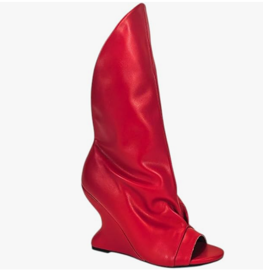 PACO-3 RED FAUX LEATHER  PEEP TOE BOOT WITH ASSYMETRICAL SHAFT AND SCULPTED CUT OUT WEDGE HEEL