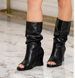 PACO-1 BLACK FAUX LEATHER SLOUCHY OVER THE CALF PEEP TOE BOOT WITH SCULPTED CUT OUT WEDGE HEEL