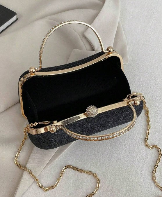 PAIGE BLACK DRESSY CLUTCH WITH RHINESTONE INSET GOLD HANDLE