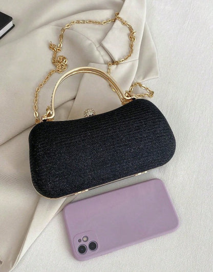 PAIGE BLACK DRESSY CLUTCH WITH RHINESTONE INSET GOLD HANDLE