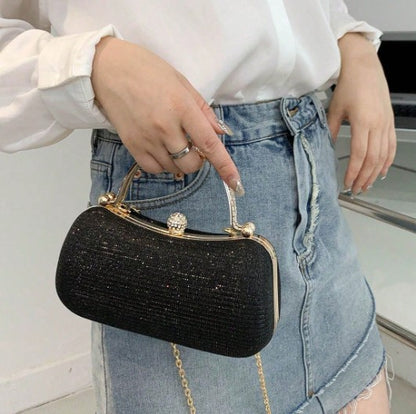 PAIGE BLACK DRESSY CLUTCH WITH RHINESTONE INSET GOLD HANDLE