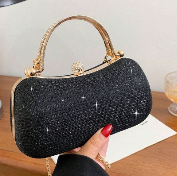 PAIGE BLACK DRESSY CLUTCH WITH RHINESTONE INSET GOLD HANDLE