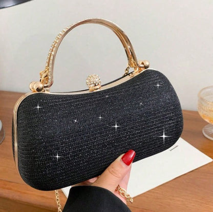 PAIGE BLACK DRESSY CLUTCH WITH RHINESTONE INSET GOLD HANDLE