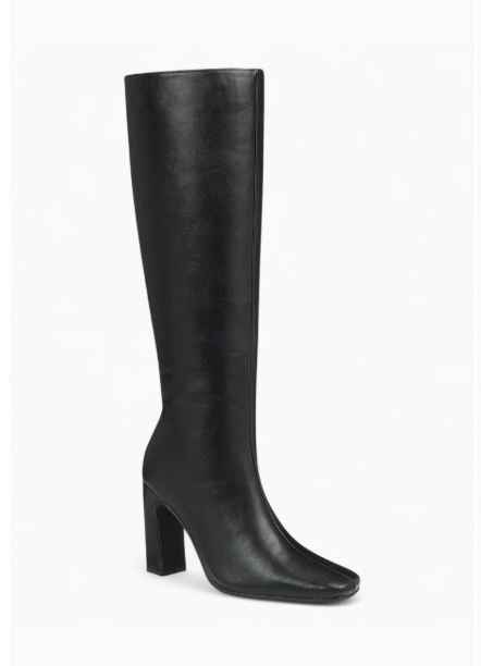 PALM-12 BLACK FAUX LEATHER TAPERED TOE KNEE HIGH BLOCK HEEL BOOTS
