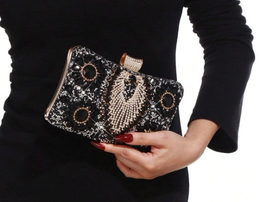 PALMA BLINGY CLUTCH WITH BLACK, GOLD AND CLEAR RHINESTONE BOTANICAL DESIGNS