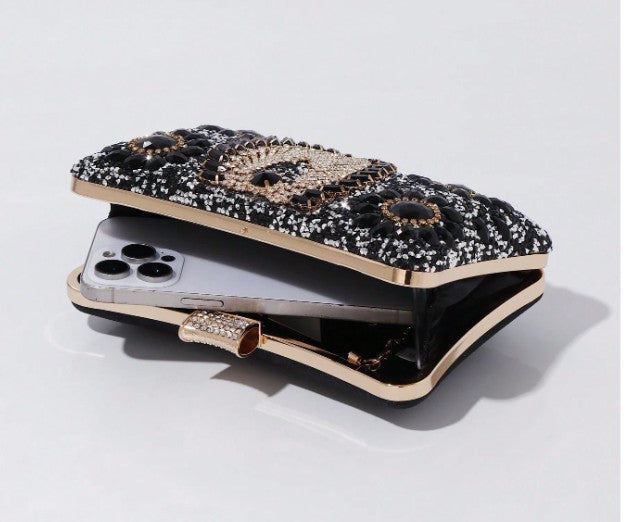 PALMA BLINGY CLUTCH WITH BLACK, GOLD AND CLEAR RHINESTONE BOTANICAL DESIGNS