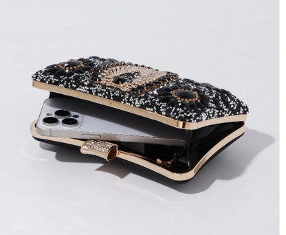 PALMA BLINGY CLUTCH WITH BLACK, GOLD AND CLEAR RHINESTONE BOTANICAL DESIGNS