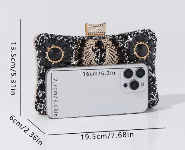 PALMA BLINGY CLUTCH WITH BLACK, GOLD AND CLEAR RHINESTONE BOTANICAL DESIGNS