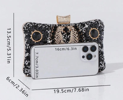 PALMA BLINGY CLUTCH WITH BLACK, GOLD AND CLEAR RHINESTONE BOTANICAL DESIGNS