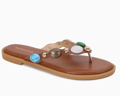 PHILA CAMEL FAUX LEATHER FLAT SLIP ON SLIDE SPLIT TOE THONG SANDAL WITH MULTICOLOR FAUX GEMSTONE DETAIL
