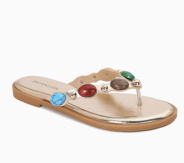 PHILA GOLD FAUX LEATHER FLAT SLIP ON SLIDE SPLIT TOE THONG SANDAL WITH MULTICOLOR FAUX GEMSTONE DETAIL