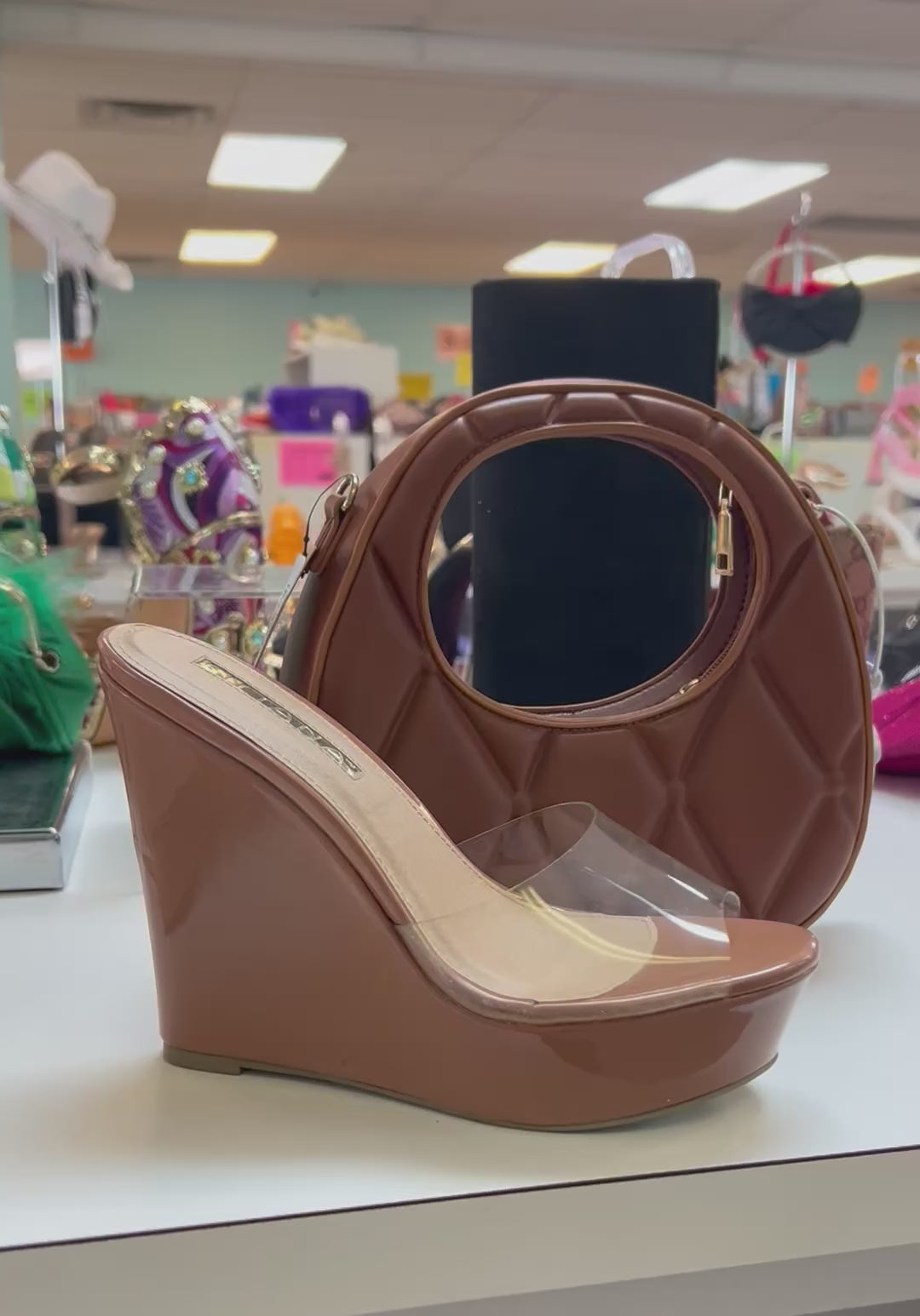 Liliana RHONA-2 honey

- Clear Vamp Band
- Peep Toe
- Honey Faux Patent Platform Wedge Heel, Approx. 5"
- Also Available in Nude and Cork