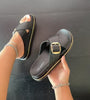 Top Moda POTTER-1 Black

- Black Criss Cross Strap Sandal
- Open Toe
- Buckle Detail
- Slip-On Slide
- Flatform Sole with Gold Trim, Approx. 2"