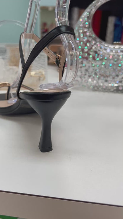 ELZA-01 Black Faux Leather Kitten Heel Open Toe Ring