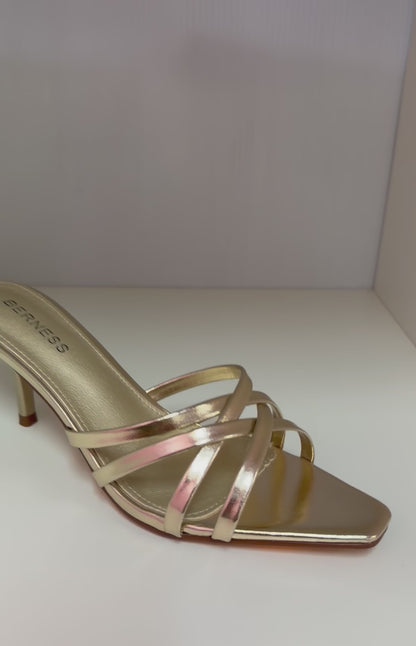 MONROE GOLD METALLIC FAUX LEATHER STRAPPY SLIP ON MULE KITTEN HEEL