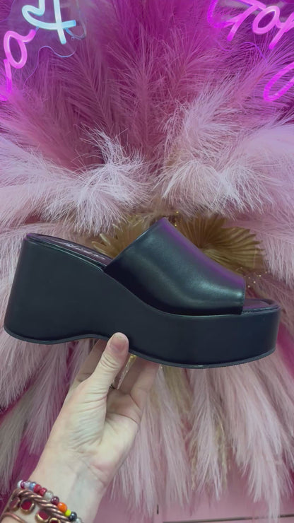 EAGLE-1 BLACK PLATFORM WEDGE MULE SANDAL