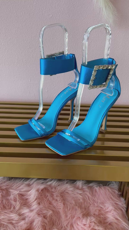 NAVI Royal Blue Satin Heels with Large Rhinestone Buckle Ankle Strap
