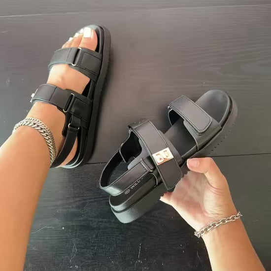 GIBSY-21

- Black faux leather
- Open Toe
- Double Strap
- Slingback sandal
- Flatform Sole, Approx. 1"
- Whole Sizes Only