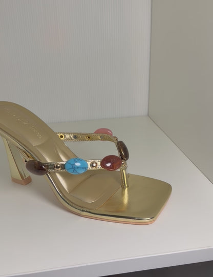 NOVARA-01 GOLD FAUX LEATHER SLIP ON SQUARE TOE SPLIT TOE THONG SANDAL WITH MULTICOLOR FAUX GEMSTONE DETAIL