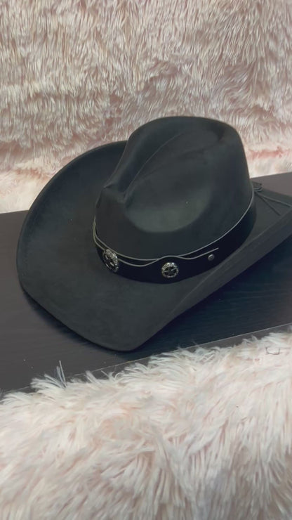 -faux suede cowboy hat in black

-black faux leather band with gunmetal stars detail

-interior ribbon inside hat to customize size

-stiff, sturdy structure
