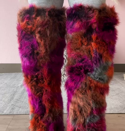 UPSETTER Orange Multi Faux Fur Boot - Stiletto Heel, approx 4" - Knee Boot