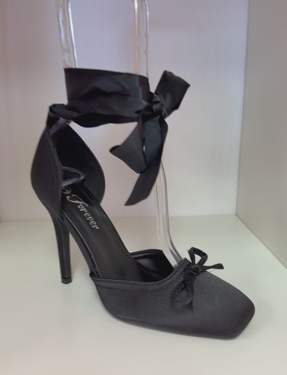 MIRACLE-11 BLACK SATIN TIE UP CLOSED TOE BALLERINA STILETTO HEELS