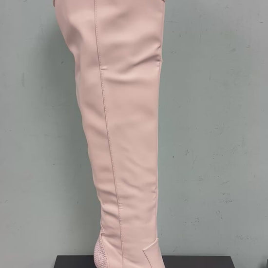 EVERYWHERE-3 white

- White Faux Leather Cowboy Boot
- Rhinestone Detail
- Pointy Toe Thigh High
- Cone Stacked Heel, Approx. 3.5"