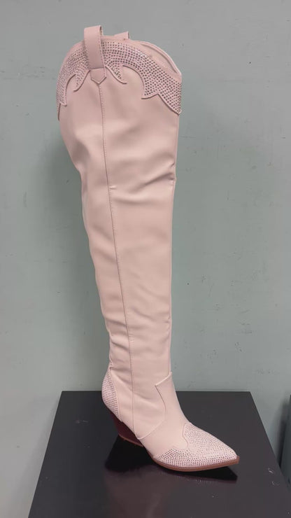 EVERYWHERE-3 white

- White Faux Leather Cowboy Boot
- Rhinestone Detail
- Pointy Toe Thigh High
- Cone Stacked Heel, Approx. 3.5"