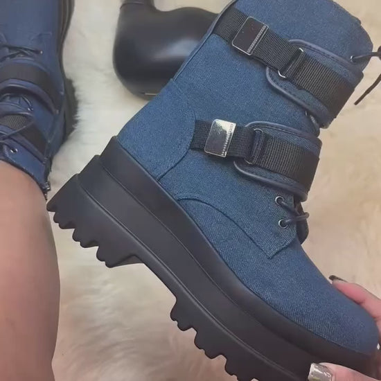 JADED-2

- Blue Denim
- Combat Biker Boot
- Lace Up
- Adjustable Straps
- Chunky Lug Sole  Heel, Approx. 3"
- Also Available in Black