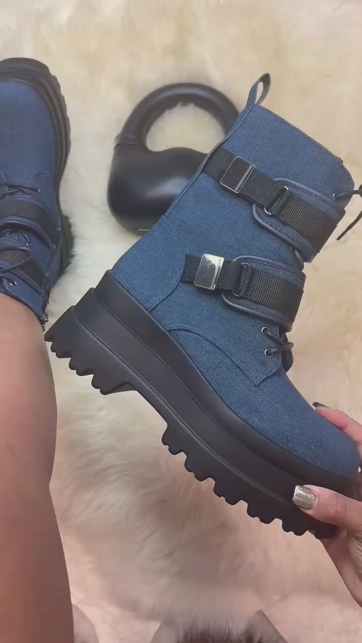 JADED-2

- Blue Denim
- Combat Biker Boot
- Lace Up
- Adjustable Straps
- Chunky Lug Sole  Heel, Approx. 3"
- Also Available in Black