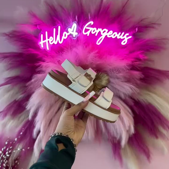 Top Moda TRACI-1 white

- White Double Strap Sandal
- Open Toe
- Buckle Detail
- Slingback
- Flatform Sole, Approx. 2"