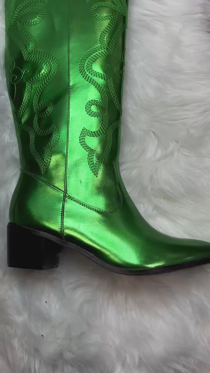 MALENA/2024 Green Metallic Faux Leather Cowboy Boot Western