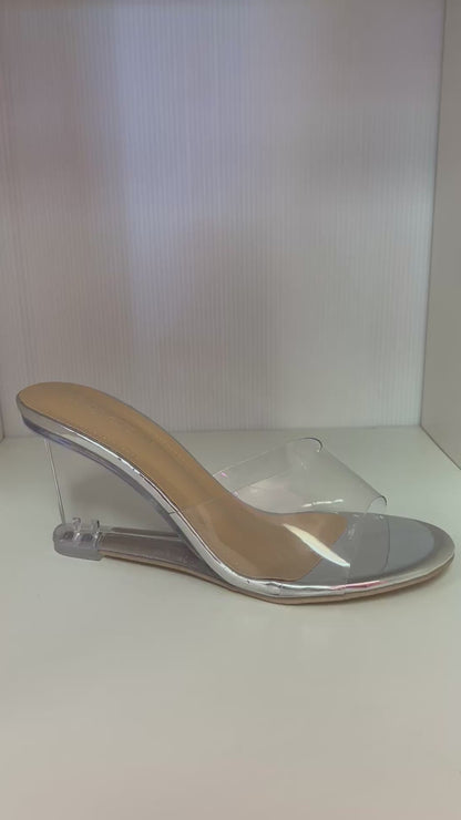 SHANA CLEAR ACRYLIC WEDGE OPEN TOE SLIP ON MULE SANDAL