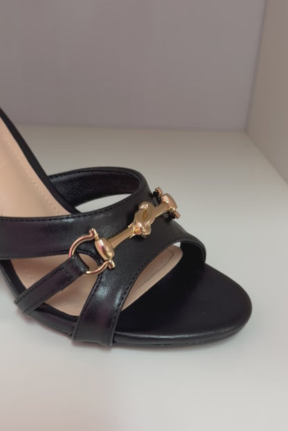 PROWL-07 BLACK FAUX LEATHER STRAPPY SLIP ON MULE STILETTO HEEL WITH GOLD FRONT DETAIL