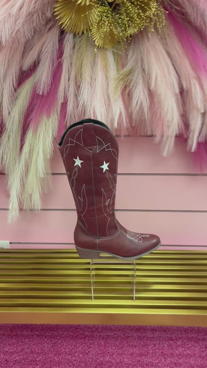 DARLA BURGUNDY-BROWN COWBOY BOOT WITH CONTRAST WESTERN STITCHING AND STAR DETAIL