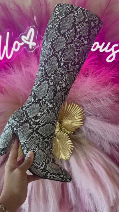 KAYLEE-1 Beige Faux Snake Knee-High Boot