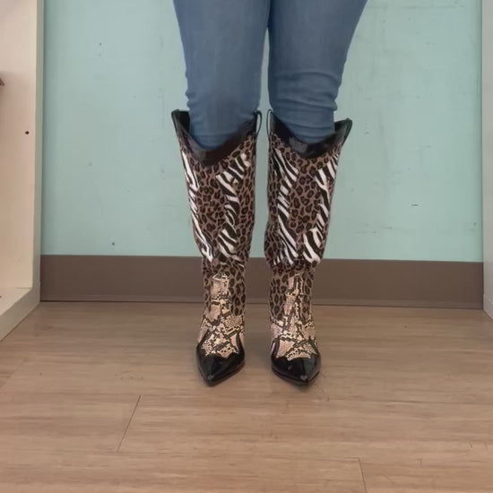 Karine Black Brown Multi Faux Leopard Snake Zebra Cowboy Boot 1241b