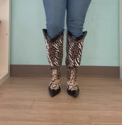 Karine Black Brown Multi Faux Leopard Snake Zebra Cowboy Boot 1241b