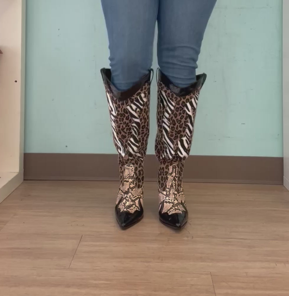 Karine Black Brown Multi Faux Leopard Snake Zebra Cowboy Boot 1241b