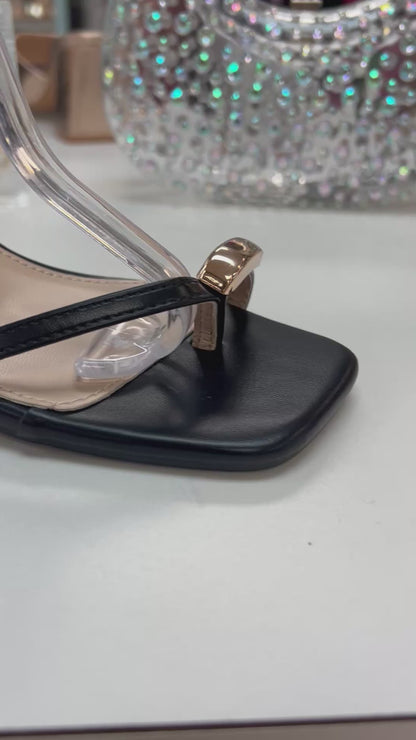 ELZA-01 Black Faux Leather Kitten Heel Open Toe Ring