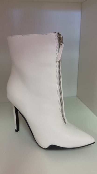 SHYY-02 WHITE FAUX LEATHER POINTY TOE STILETTO BOOTIE WITH FRONT ZIPPER