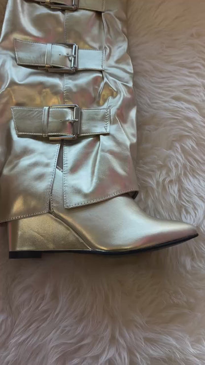 TIMELY Gold Faux Leather Sleeve Boot - Knee-High Sleeve Drape Over