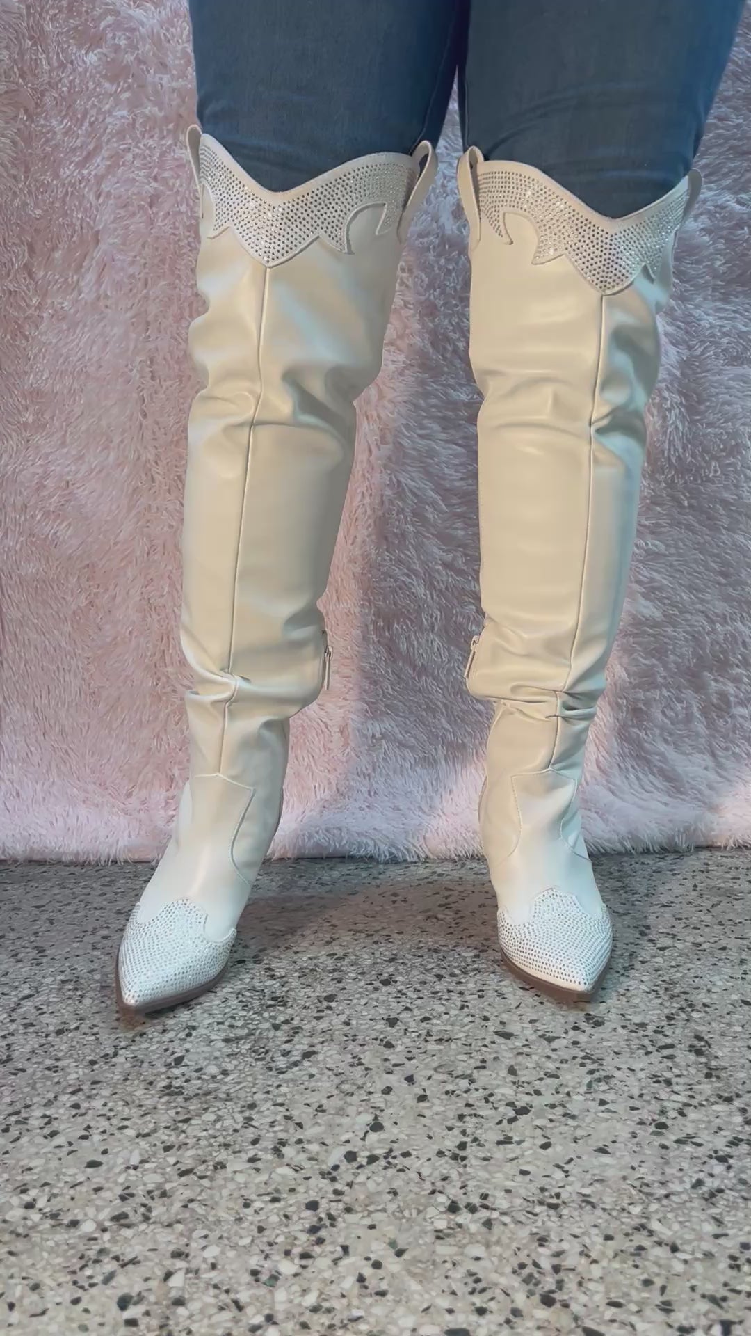 EVERYWHERE-3 white

- White Faux Leather Cowboy Boot
- Rhinestone Detail
- Pointy Toe Thigh High
- Cone Stacked Heel, Approx. 3.5"