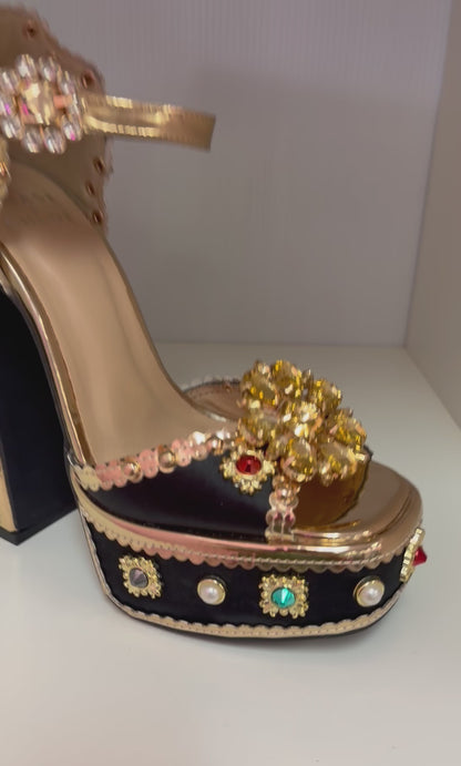 ROYAL-1 AG26 BLACK SATIN PLATFORM CHUNKY HEEL TRIMMED WITH GOLD FAUX LEATHER AND ALL OVER JEWELS