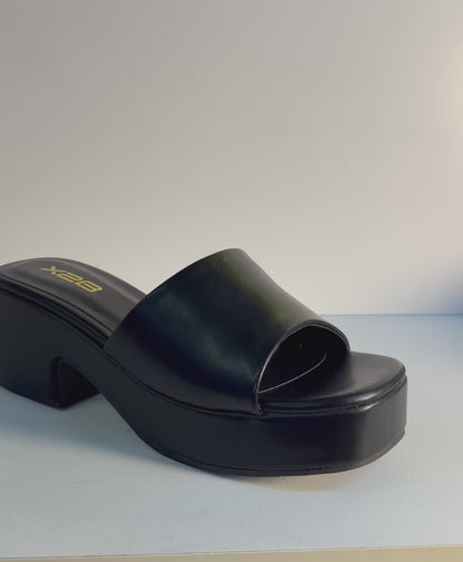 DORIKA BLACK PLATFORM CHUNKY HEEL OPEN TOE SLIP ON MULE SANDAL