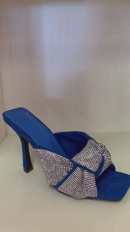 BELLINI-01 BLUE FAUX SUEDE SQUARE OPEN TOE STILETTO MULE WITH RHINESTONE COVERED MULTI STRAP KNOTTED VAMP
