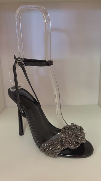 NARI-02 BLACK FAUX LEATHER OPEN TOE STILETTO WITH KNOTTED RHINESTONE VAMP