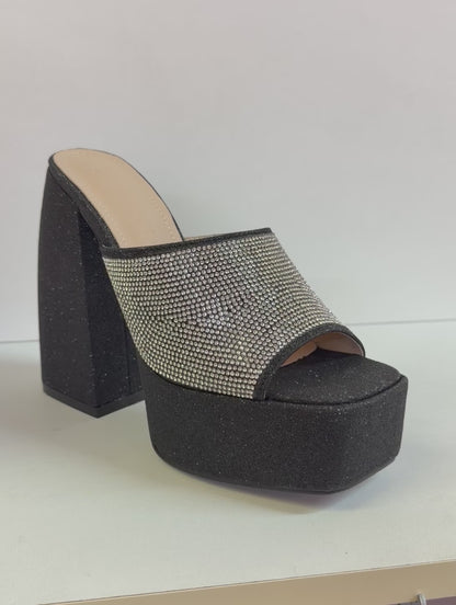 REFRESH-01 BLACK GLITTER FABRIC CHUNKY PLATFORM CURVED BLOCK HEEL MULE WITH THICK RHINESTONE VAMP