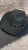 -faux suede cowboy hat in black

-all black faux leather band with braided and silver studded detail

-interior ribbon inside hat to customize size

-stiff, sturdy structure
