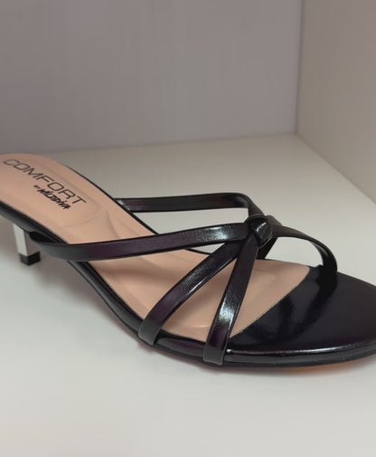 FINNA-01 BLACK PATENT LEATHER STRAPPY SLIP ON MULE KITTEN HEEL